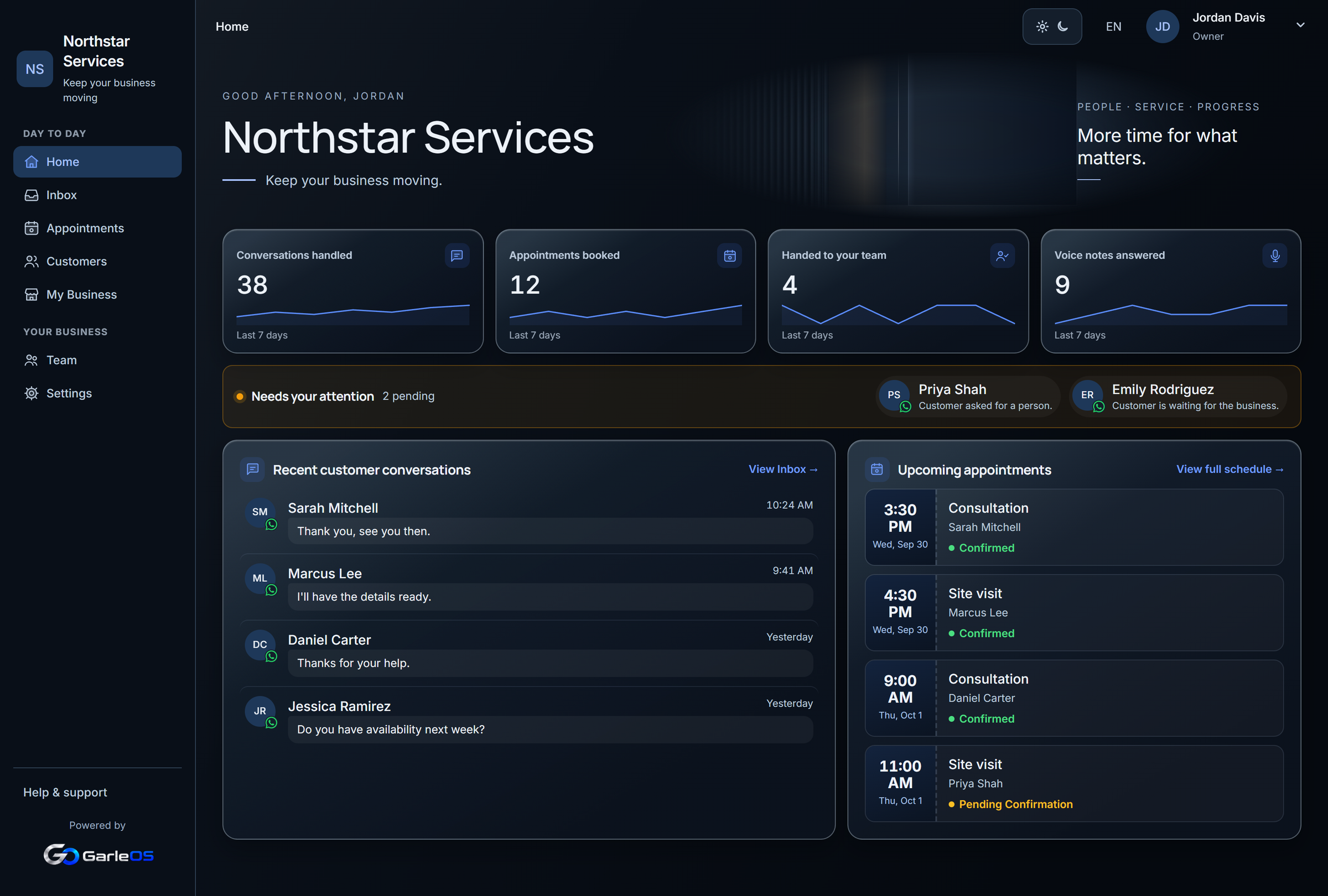 Vista de diseño de Home de GarleOS para Northstar Services, en inglés